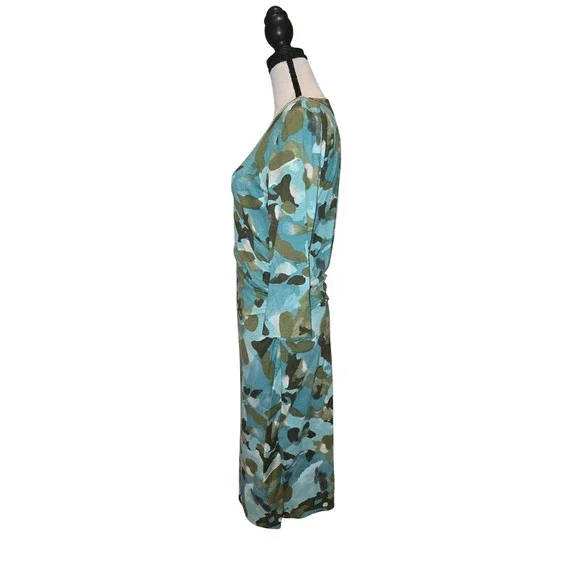 Blue Green Abstract Camo Faux Wrap Midi Dress Long Sleeve Ruched V-Neck Slim Fit - Picture 4 of 5